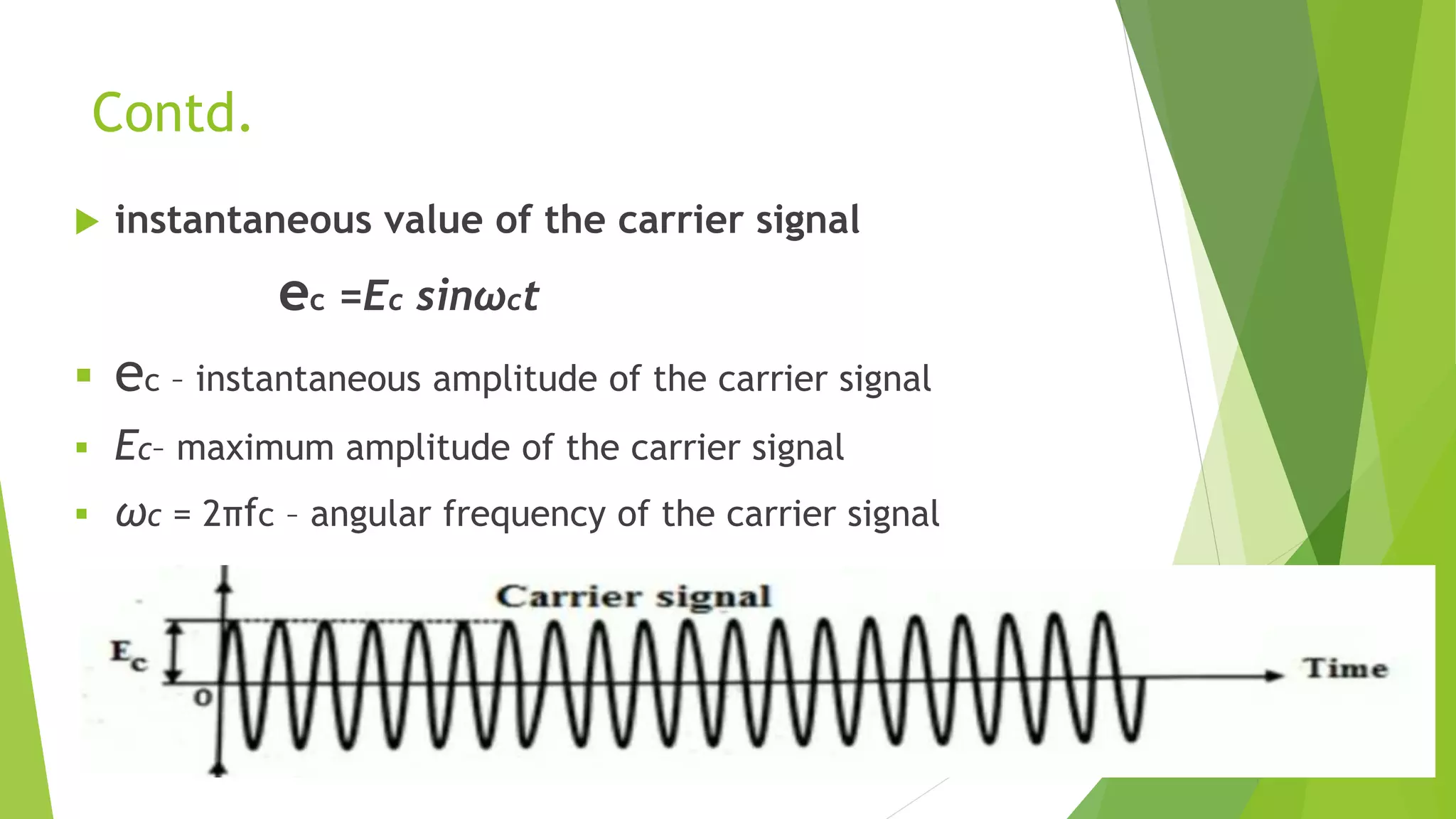 Contd.
instantaneous value of the carrier signal
ec =Ec sinωct
ec – instantaneous amplitude of the carrier signal
Ec– maximum amplitude of the carrier signal
ωc = 2πfc – angular frequency of the carrier signal