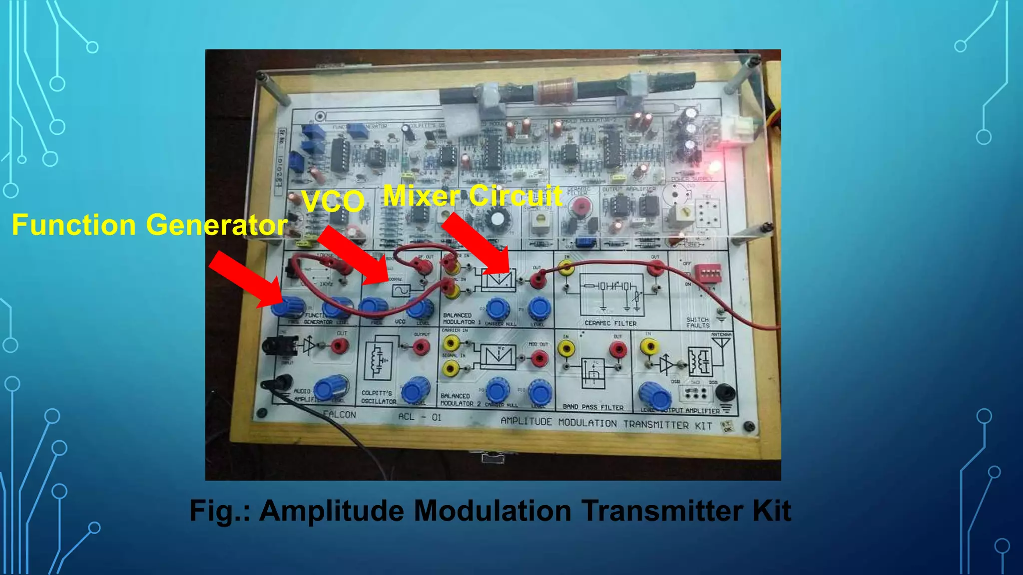 Mixer CircuitVCO
Function Generator
Fig.: Amplitude Modulation Transmitter Kit
 