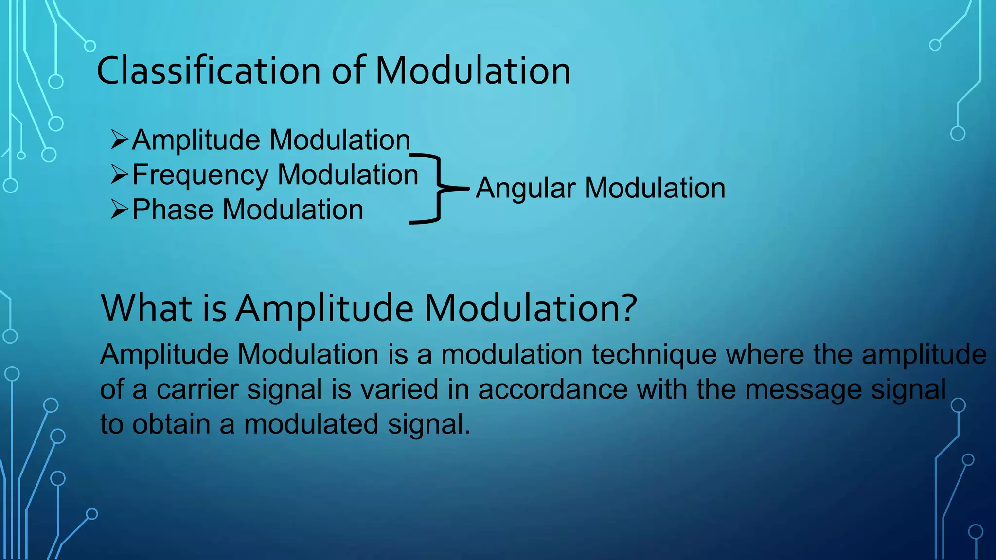 Classification of Modulation
Amplitude Modulation
Frequency Modulation
Phase Modulation
What is Amplitude Modulation?
Amplitude Modulation is a modulation technique where the amplitude
of a carrier signal is varied in accordance with the message signal
to obtain a modulated signal.
Angular Modulation
 