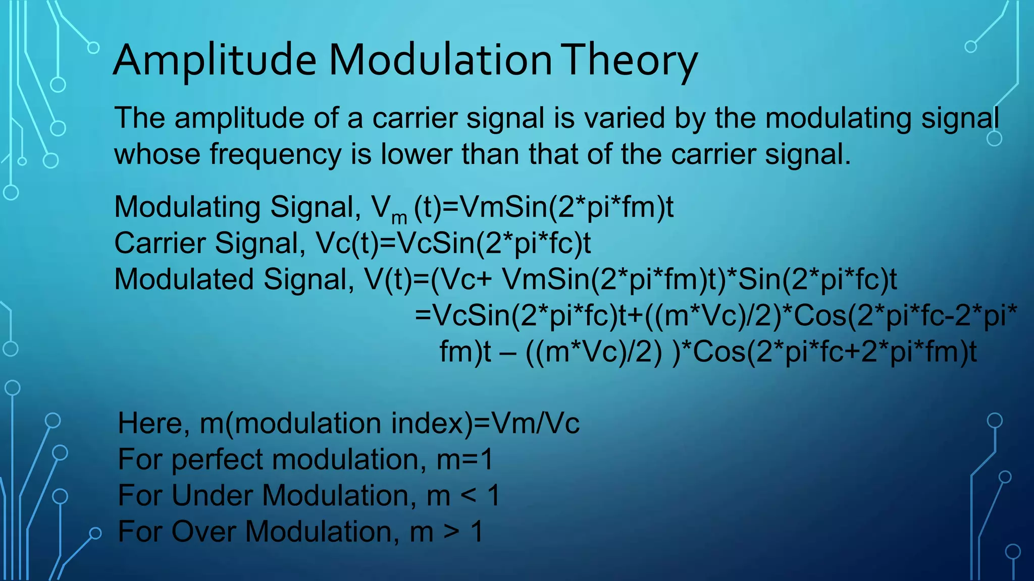 Amplitude ModulationTheory
The amplitude of a carrier signal is varied by the modulating signal
whose frequency is lower than that of the carrier signal.
Modulating Signal, Vm (t)=VmSin(2*pi*fm)t
Carrier Signal, Vc(t)=VcSin(2*pi*fc)t
Modulated Signal, V(t)=(Vc+ VmSin(2*pi*fm)t)*Sin(2*pi*fc)t
=VcSin(2*pi*fc)t+((m*Vc)/2)*Cos(2*pi*fc-2*pi*
fm)t – ((m*Vc)/2) )*Cos(2*pi*fc+2*pi*fm)t
Here, m(modulation index)=Vm/Vc
For perfect modulation, m=1
For Under Modulation, m < 1
For Over Modulation, m > 1
 