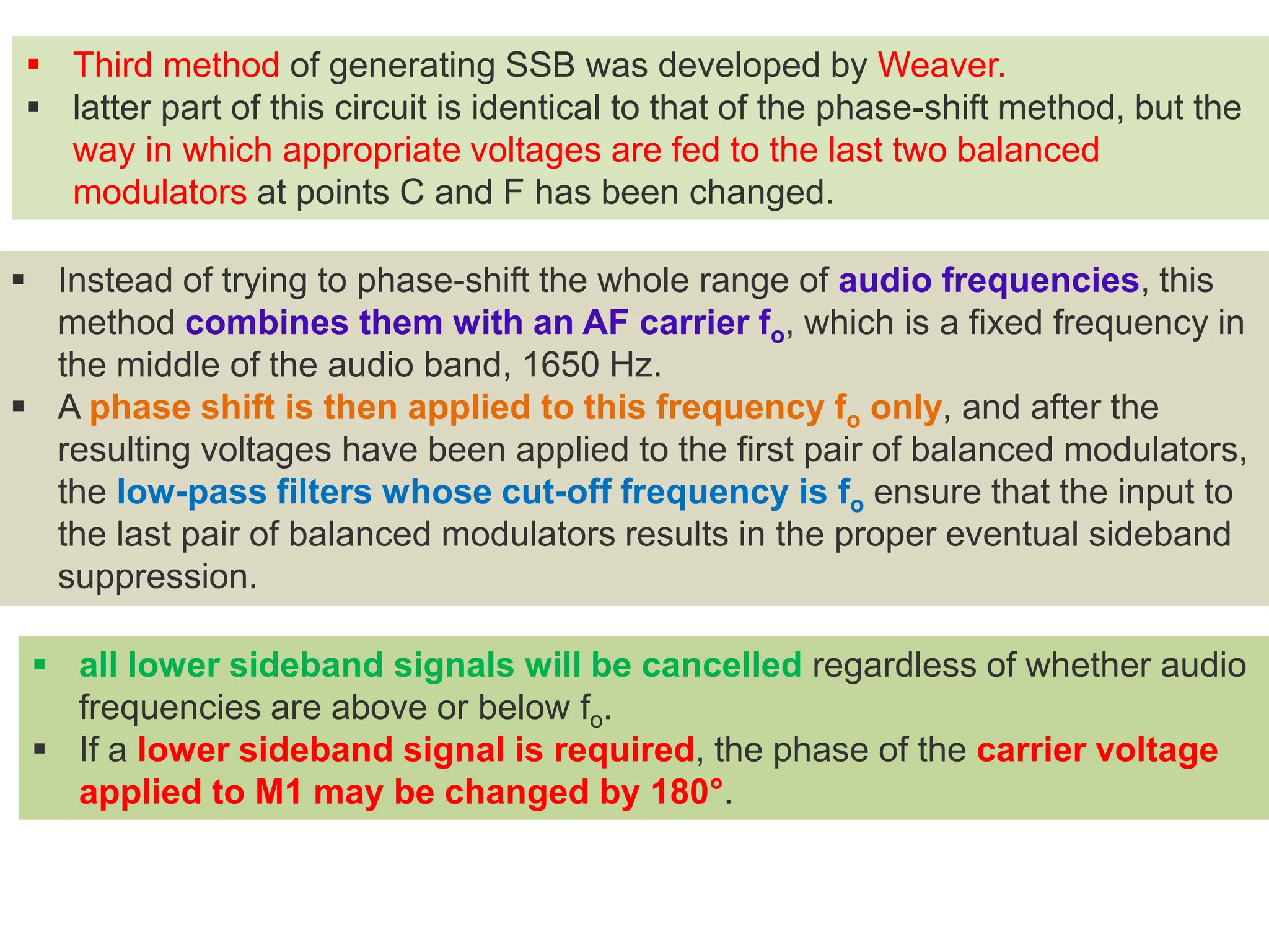  all lower sideband signals will be cancelled regardless of whether audio
frequencies are above or below fo.
 If a lower sideband signal is required, the phase of the carrier voltage
applied to M1 may be changed by 180°.
 Third method of generating SSB was developed by Weaver.
 latter part of this circuit is identical to that of the phase-shift method, but the
way in which appropriate voltages are fed to the last two balanced
modulators at points C and F has been changed.
 Instead of trying to phase-shift the whole range of audio frequencies, this
method combines them with an AF carrier fo, which is a fixed frequency in
the middle of the audio band, 1650 Hz.
 A phase shift is then applied to this frequency fo only, and after the
resulting voltages have been applied to the first pair of balanced modulators,
the low-pass filters whose cut-off frequency is fo ensure that the input to
the last pair of balanced modulators results in the proper eventual sideband
suppression.
 