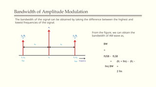 Bandwidth of Amplitude Modulation
The bandwidth of the signal can be obtained by taking the difference between the highest and
lowest frequencies of the signal.
From the figure, we can obtain the
bandwidth of AM wave as,
BW
=
fUSB – fLSB
= (fc + fm) – (fc –
fm) BW =
2 fm
 