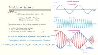 Modulation index of
AM
Now we have
a = (Ac + Am sin ωmt) sin ωct . . . . (6)
We know that Mi = Am / Ac.
Hence we have Am = Mi Ac
Putting this value of Am in above equation (6) we get,
a = (Ac + Mi Ac sin ωmt) sin ωct
= Ac (1 + Mi sin ωmt) sin ωct
= Ac sin ωct + Ac Mi sin ωmt sin ωct . . . . . . . . (7)
 