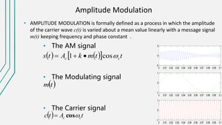 Amplitude Modulation
• AMPLITUDE MODULATION is formally defined as a process in which the amplitude
of the carrier wave c(t) is varied about a mean value linearly with a message signal
m(t) keeping frequency and phase constant .
0 0.01 0.02 0.03 0.04 0.05 0.06 0.07 0.08 0.09 0.1
-5
0
5
0 0.01 0.02 0.03 0.04 0.05 0.06 0.07 0.08 0.09 0.1
-1
0
1
0 0.01 0.02 0.03 0.04 0.05 0.06 0.07 0.08 0.09 0.1
-1
0
1
• The AM signal
• The Modulating signal
• The Carrier signal
     ttmkAts cc cos1 
 tm
  tAtc cc cos
 
