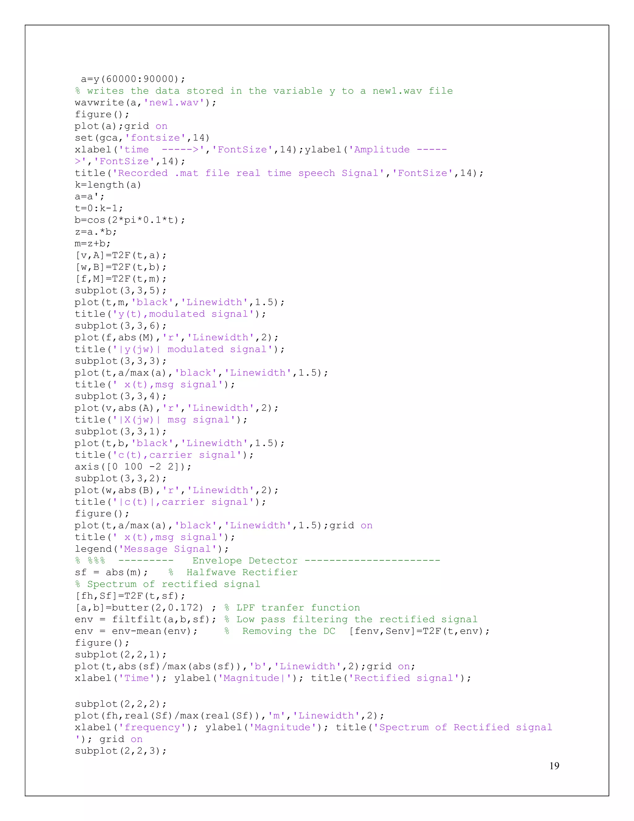 19
a=y(60000:90000);
% writes the data stored in the variable y to a new1.wav file
wavwrite(a,'new1.wav');
figure();
plot(a);grid on
set(gca,'fontsize',14)
xlabel('time ----->','FontSize',14);ylabel('Amplitude -----
>','FontSize',14);
title('Recorded .mat file real time speech Signal','FontSize',14);
k=length(a)
a=a';
t=0:k-1;
b=cos(2*pi*0.1*t);
z=a.*b;
m=z+b;
[v,A]=T2F(t,a);
[w,B]=T2F(t,b);
[f,M]=T2F(t,m);
subplot(3,3,5);
plot(t,m,'black','Linewidth',1.5);
title('y(t),modulated signal');
subplot(3,3,6);
plot(f,abs(M),'r','Linewidth',2);
title('|y(jw)| modulated signal');
subplot(3,3,3);
plot(t,a/max(a),'black','Linewidth',1.5);
title(' x(t),msg signal');
subplot(3,3,4);
plot(v,abs(A),'r','Linewidth',2);
title('|X(jw)| msg signal');
subplot(3,3,1);
plot(t,b,'black','Linewidth',1.5);
title('c(t),carrier signal');
axis([0 100 -2 2]);
subplot(3,3,2);
plot(w,abs(B),'r','Linewidth',2);
title('|c(t)|,carrier signal');
figure();
plot(t,a/max(a),'black','Linewidth',1.5);grid on
title(' x(t),msg signal');
legend('Message Signal');
% %%% --------- Envelope Detector ----------------------
sf = abs(m); % Halfwave Rectifier
% Spectrum of rectified signal
[fh,Sf]=T2F(t,sf);
[a,b]=butter(2,0.172) ; % LPF tranfer function
env = filtfilt(a,b,sf); % Low pass filtering the rectified signal
env = env-mean(env); % Removing the DC [fenv,Senv]=T2F(t,env);
figure();
subplot(2,2,1);
plot(t,abs(sf)/max(abs(sf)),'b','Linewidth',2);grid on;
xlabel('Time'); ylabel('Magnitude|'); title('Rectified signal');
subplot(2,2,2);
plot(fh,real(Sf)/max(real(Sf)),'m','Linewidth',2);
xlabel('frequency'); ylabel('Magnitude'); title('Spectrum of Rectified signal
'); grid on
subplot(2,2,3);
 