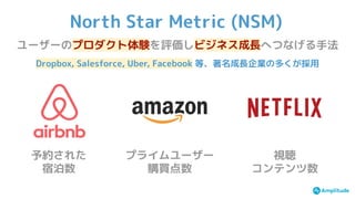 North Star Metric (NSM)
ユーザーのプロダクト体験を評価しビジネス成長へつなげる手法
Dropbox, Salesforce, Uber, Facebook 等、著名成長企業の多くが採用
予約された
宿泊数
プライムユーザー
購買点数
視聴
コンテンツ数
 
