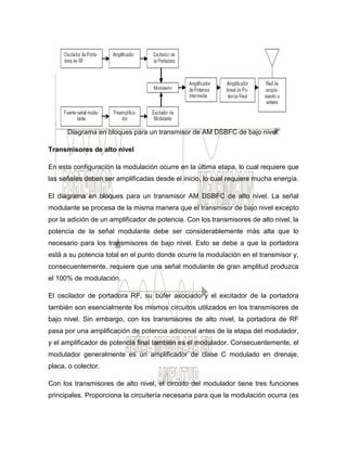 Diagrama en bloques para un transmisor de AM DSBFC de bajo nivel.
Transmisores de alto nivel
En esta configuración la modulación ocurre en la última etapa, lo cual requiere que
las señales deben ser amplificadas desde el inicio, lo cual requiere mucha energía.
El diagrama en bloques para un transmisor AM DSBFC de alto nivel. La señal
modulante se procesa de la misma manera que el transmisor de bajo nivel excepto
por la adición de un amplificador de potencia. Con los transmisores de alto nivel, la
potencia de la señal modulante debe ser considerablemente más alta que lo
necesario para los transmisores de bajo nivel. Esto se debe a que la portadora
está a su potencia total en el punto donde ocurre la modulación en el transmisor y,
consecuentemente, requiere que una señal modulante de gran amplitud produzca
el 100% de modulación.
El oscilador de portadora RF, su búfer asociado y el excitador de la portadora
también son esencialmente los mismos circuitos utilizados en los transmisores de
bajo nivel. Sin embargo, con los transmisores de alto nivel, la portadora de RF
pasa por una amplificación de potencia adicional antes de la etapa del modulador,
y el amplificador de potencia final también es el modulador. Consecuentemente, el
modulador generalmente es un amplificador de clase C modulado en drenaje,
placa, o colector.
Con los transmisores de alto nivel, el circuito del modulador tiene tres funciones
principales. Proporciona la circuitería necesaria para que la modulación ocurra (es
 