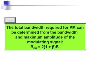 Note

The total bandwidth required for PM can
  be determined from the bandwidth
    and maximum amplitude of the
           modulating signal:
             BPM = 2(1 + β)B.
 