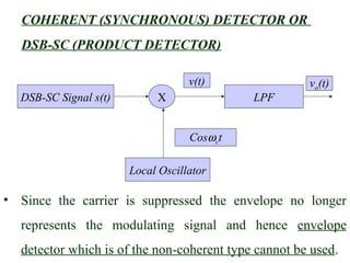 COHERENT (SYNCHRONOUS) DETECTOR OR
  DSB-SC (PRODUCT DETECTOR)

                                   v(t)               vo(t)
  DSB-SC Signal s(t)        X               LPF


                                   Cosωct

                       Local Oscillator

• Since the carrier is suppressed the envelope no longer
  represents the modulating signal and hence envelope
  detector which is of the non-coherent type cannot be used.
 