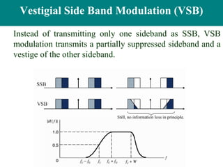 • Vestigial SidebandBand Modulation (VSB)
   Vestigial Side Modulation

  Instead of transmitting only one sideband as SSB, VSB
  modulation transmits a partially suppressed sideband and a
  vestige of the other sideband.
 