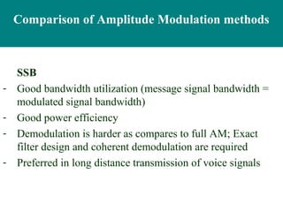 Comparison of Amplitude Modulation methods



    SSB
-   Good bandwidth utilization (message signal bandwidth =
    modulated signal bandwidth)
-   Good power efficiency
-   Demodulation is harder as compares to full AM; Exact
    filter design and coherent demodulation are required
-   Preferred in long distance transmission of voice signals
 