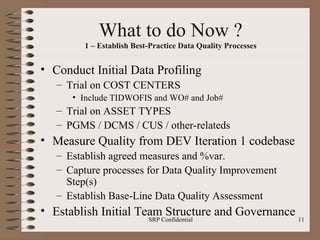 What to do Now ? 1 – Establish Best-Practice Data Quality Processes Conduct Initial Data Profiling Trial on COST CENTERS Include TIDWOFIS and WO# and Job# Trial on ASSET TYPES PGMS / DCMS / CUS / other-relateds Measure Quality from DEV Iteration 1 codebase Establish agreed measures and %var.  Capture processes for Data Quality Improvement Step(s) Establish Base-Line Data Quality Assessment Establish Initial Team Structure and Governance 