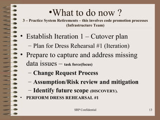 What to do now ? 3 – Practice System Retirements – this involves code promotion processes (Infrastructure Team) Establish Iteration 1 – Cutover plan Plan for Dress Rehearsal #1 (Iteration) Prepare to capture and address missing data issues –  task force(focus) Change Request Process Assumption/Risk review and mitigation Identify future scope  (DISCOVERY). PERFORM DRESS REHEARSAL #1 