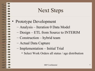 Next Steps Prototype Development Analysis – Iteration 0 Data Model Design – ETL from Source to INTERIM Construction – hybrid team Actual Data Capture Implementation – Initial Trial Select Work Orders all status / age distribution 