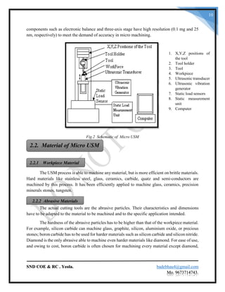 SND COE & RC . Yeola. badebhau4@gmail.com
Mo. 9673714743.
10
components such as electronic balance and three-axis stage have high resolution (0.1 mg and 25
nm, respectively) to meet the demand of accuracy in micro machining.
Fig.2 Schematic of Micro USM
The USM process is able to machine any material, but is more efficient on brittle materials.
Hard materials like stainless steel, glass, ceramics, carbide, quatz and semi-conductors are
machined by this process. It has been efficiently applied to machine glass, ceramics, precision
minerals stones, tungsten.
The actual cutting tools are the abrasive particles. Their characteristics and dimensions
have to be adapted to the material to be machined and to the specific application intended.
The hardness of the abrasive particles has to be higher than that of the workpiece material.
For example, silicon carbide can machine glass, graphite, silicon, aluminium oxide, or precious
stones; boron carbide has to be used for harder materials such as silicon carbide and silicon nitride.
Diamond is the only abrasive able to machine even harder materials like diamond. For ease of use,
and owing to cost, boron carbide is often chosen for machining every material except diamond,
1. X,Y,Z positions of
the tool
2. Tool holder
3. Tool
4. Workpiece
5. Ultrasonic transducer
6. Ultrasonic vibration
generator
7. Static load sensors
8. Static measurement
unit
9. Computer
2.2. Material of Micro USM
2.2.1 Workpiece Material
2.2.2 Abrasive Materials
 
