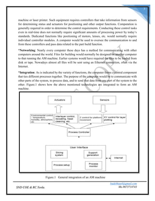 badebhau4@gmail.com
Mo.9673714743SND COE & RC.Yeola.
3
machine or laser printer. Such equipment requires controllers that take information from sensors
for determining status and actuators for positioning and other output functions. Computation is
generally required in order to determine the control requirements. Conducting these control tasks
even in real-time does not normally require signiﬁcant amounts of processing power by today’s
standards. Dedicated functions like positioning of motors, lenses, etc. would normally require
individual controller modules. A computer would be used to oversee the communication to and
from these controllers and pass data related to the part build function.
*Networking: Nearly every computer these days has a method for communicating with other
computers around the world. Files for building would normally be designed on another computer
to that running the AM machine. Earlier systems would have required the ﬁles to be loaded from
disk or tape. Nowadays almost all ﬁles will be sent using an Ethernet connection, often via the
Internet.
*Integration: As is indicated by the variety of functions, the computer forms a central component
that ties different processes together. The purpose of the computer would be to communicate with
other parts of the system, to process data, and to send that data from one part of the system to the
other. Figure.1 shows how the above mentioned technologies are integrated to form an AM
machine.
Figure.1 General integration of an AM machine
 