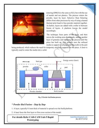 badebhau4@gmail.com
Mo.9673714743SND COE & RC.Yeola.
5
sintering (DMLS) is the same as SLS, but with the use
of metals and not plastics. The process sinters the
powder, layer by layer. Selective Heat Sintering
differs from other processes by way of using a heated
thermal print head to fuse powder material together.
As before, layers are added with a roller in between
fusion of layers. A platform lowers the model
accordingly.
The technique fuses parts of the layer, and then
moves the working area downwards, adding another
layer of granules and repeating the process until the
piece has built up. This process uses the unfused
media to support overhangs and thin walls in the part
being produced, which reduces the need for temporary auxiliary supports for the piece. A laser is
typically used to sinter the media into a solid.
Fig. 2 Powder bed fusion process
* Powder Bed Fusion – Step by Step
1. A layer, typically 0.1mm thick of material is spread over the build platform.
2. A laser fuses the first layer or first cross section of the model.
part
Energy source (laser)
roller
Build chamberPowder chamber
powder
Inert gas
For details Refer CAD-CAM Unit-5 Rapid
Prototyping
 