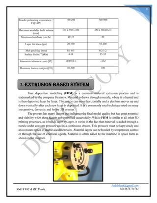 badebhau4@gmail.com
Mo.9673714743SND COE & RC.Yeola.
11
Powder preheating temperature (°
C) [3435]
100-200 700-900
Maximum available build volume
(mm)
500 x 350 x 300 350 x 38O(0xH)
Maximum build rate (cm /hr) 20-35 80
Layer thickness (pm) 20-100 50-200
Melt pool size (mm) 0.1-0.5 0.2-1.2
Surface finish [7] (Ra) 4-11 25-35
Geometric tolerance (mm) [12] ±0.05-0.1 ± 0.2
Minimum feature size(jim) [39] 40-200 100
Fuse deposition modelling (FDM) is a common material extrusion process and is
trademarked by the company Stratasys. Material is drawn through a nozzle, where it is heated and
is then deposited layer by layer. The nozzle can move horizontally and a platform moves up and
down vertically after each new layer is deposited. It is a commonly used technique used on many
inexpensive, domestic and hobby 3D printers.
The process has many factors that influence the final model quality but has great potential
and viability when these factors are controlled successfully. Whilst FDM is similar to all other 3D
printing processes, as it builds layer by layer, it varies in the fact that material is added through a
nozzle under constant pressure and in a continuous stream. This pressure must be kept steady and
at a constant speed to enable accurate results .Material layers can be bonded by temperature control
or through the use of chemical agents. Material is often added to the machine in spool form as
shown in the diagram.
2. Extrusion Based System
 