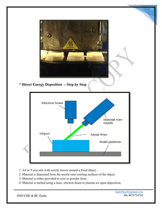 badebhau4@gmail.com
Mo.9673714743SND COE & RC.Yeola.
21
* Direct Energy Deposition – Step by Step
1. A4 or 5 axis arm with nozzle moves around a fixed object.
2. Material is deposited from the nozzle onto existing surfaces of the object.
3. Material is either provided in wire or powder form.
4. Material is melted using a laser, electron beam or plasma arc upon deposition.
 