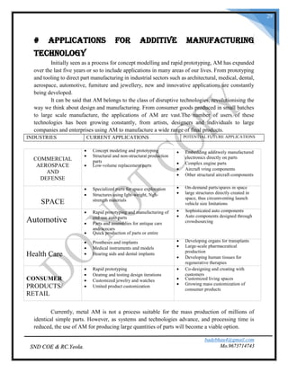 badebhau4@gmail.com
Mo.9673714743SND COE & RC.Yeola.
29
# Applications for Additive Manufacturing
technology
Initially seen as a process for concept modelling and rapid prototyping, AM has expanded
over the last five years or so to include applications in many areas of our lives. From prototyping
and tooling to direct part manufacturing in industrial sectors such as architectural, medical, dental,
aerospace, automotive, furniture and jewellery, new and innovative applications are constantly
being developed.
It can be said that AM belongs to the class of disruptive technologies, revolutionising the
way we think about design and manufacturing. From consumer goods produced in small batches
to large scale manufacture, the applications of AM are vast.The number of users of these
technologies has been growing constantly, from artists, designers and individuals to large
companies and enterprises using AM to manufacture a wide range of final products.
INDUSTRIES CURRENT APPLICATIONS POTENTIAL FUTURE APPLICATIONS
COMMERCIAL
AEROSPACE
AND
DEFENSE
 Concept modeling and prototyping
 Structural and non-structurat production
parts
 Low-volume replacement parts
 Embedding additwely manufactured
electronics directly on parts
 Complex engine parts
 Aircraft vring components
 Other structural aircraft components
SPACE
 Specialized parts for space exploration
 Structures using Ight-weight, Ngh-
strength materials
 On-demand parts/spares in space
 large structures directly created in
space, thus circumventing launch
vehicle size Imitations
Automotive
 Rapid prototyping and manufacturing of
end-use auto parts
 Parts and assemblies for antique cars
andracecars
 Quick production of parts or entire
 Sophisticated auto components
 Auto components designed through
crowdsourcing
Health Care
 Prostheses and implants
 Medical instruments and models
 Hearing aids and dental implants
 Developing organs for transplants
 Large-scale pharmaceutical
production
 Developing human tissues for
regenerative therapies
CONSUMER
PRODUCTS/
RETAIL
 Rapid prototyping
 Oeatmg and testing design iterations
 Customized jewelry and watches
 Umited product customization
 Co-designing and creating with
customers
 Customized living spaces
 Growing mass customization of
consumer products
Currently, metal AM is not a process suitable for the mass production of millions of
identical simple parts. However, as systems and technologies advance, and processing time is
reduced, the use of AM for producing large quantities of parts will become a viable option.
 