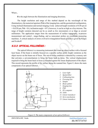 SND COE & RC. Yeola. badebhau4@gmail.com
Mo.9673714743
12
Where ,
θ is the angle between the illumination and imaging directions.
The height resolution and range of this method depend on the wavelength of the
illumination γ, the numerical aperture (NA) of the imaging lens, and the geometrical configuration,
Using inclined illumination and normal imaging, Costa achieved height resolution of 0.49 μm (λ
= 0.6328 μm, NA = 0.6, inclination angle = 65°); however, it can be as high as a few microns. The
range of height variation detected can be as small as few micrometers or as large as several
millimeters. The application ranges from the measurement of surface topography, in-process
measurement and control , range-finding, and as noncontact probes on coordinate measuring
machines. A critical analysis of errors evolved in triangulation-based systems is given by Kilgus
and Svetkoff.
6.3.3 Optical Followers :
The optical follower is a measuring instrument that scans an object surface with a focused
laser beam. If the beam is initially focused on a specific surface point, height variations as the
object moves set the beam out of focus. The out-of-focus condition is detected by a sensory unit
that activates a servomechanism to bring the beam back in focus. The vertical displacement
required to bring the beam back in focus is recorded against the linear displacement of the object.
This record represents the profile of the surface along the scanned line. Figure 8. shows the main
components of an optical follower.
Figure 8. The main components of an optical follower.
1. Laser light
2. Spatial filter
3. Collimating lens
4. Focusing lens
5. Sample
6. Beam splitter
7. Imaging lens
8. PSD
9. PC-computer
10. Table
11. Linear transducer
12. Servo mechanism
13. Linear transducer
 