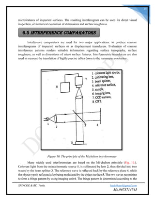 SND COE & RC. Yeola. badebhau4@gmail.com
Mo.9673714743
15
microfeatures of inspected surfaces. The resulting interferogram can be used for direct visual
inspection, or numerical evaluation of dimensions and surface roughness.
Interference comparators are used for two major applications: to produce contour
interferograms of inspected surfaces or as displacement transducers. Evaluation of contour
interference patterns renders valuable information regarding surface topography, surface
roughness, as well as dimensions of micro surface features. Interferometric transducers are also
used to measure the translation of highly precise tables down to the nanometer resolution .
Figure 10. The principle of the Michelson interferometer
Many widely used interferometers are based on the Mi-chelson principle (Fig. 10.).
Coherent light from the monochromatic source 1, is collimated by lens 2, then divided into two
waves by the beam splitter 3. The reference wave is reflected back by the reference plane 4, while
the object type is reflected after being modulated by the object surface 5. The two waves recombine
to form a fringe pattern by using imaging unit 6. The fringe pattern is determined according to the
6.5 Interference Comparators
 