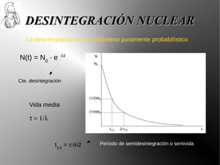 DESINTEGRACIÓN NUCLEAR
   La desintegración es un fenómeno puramente probabilístico


N(t) = N0 · e -λt


Cte. desintegración



    Vida media

    τ = 1/λ



                t1/2 = τ·ln2   Período de semidesintegración o semivida
 