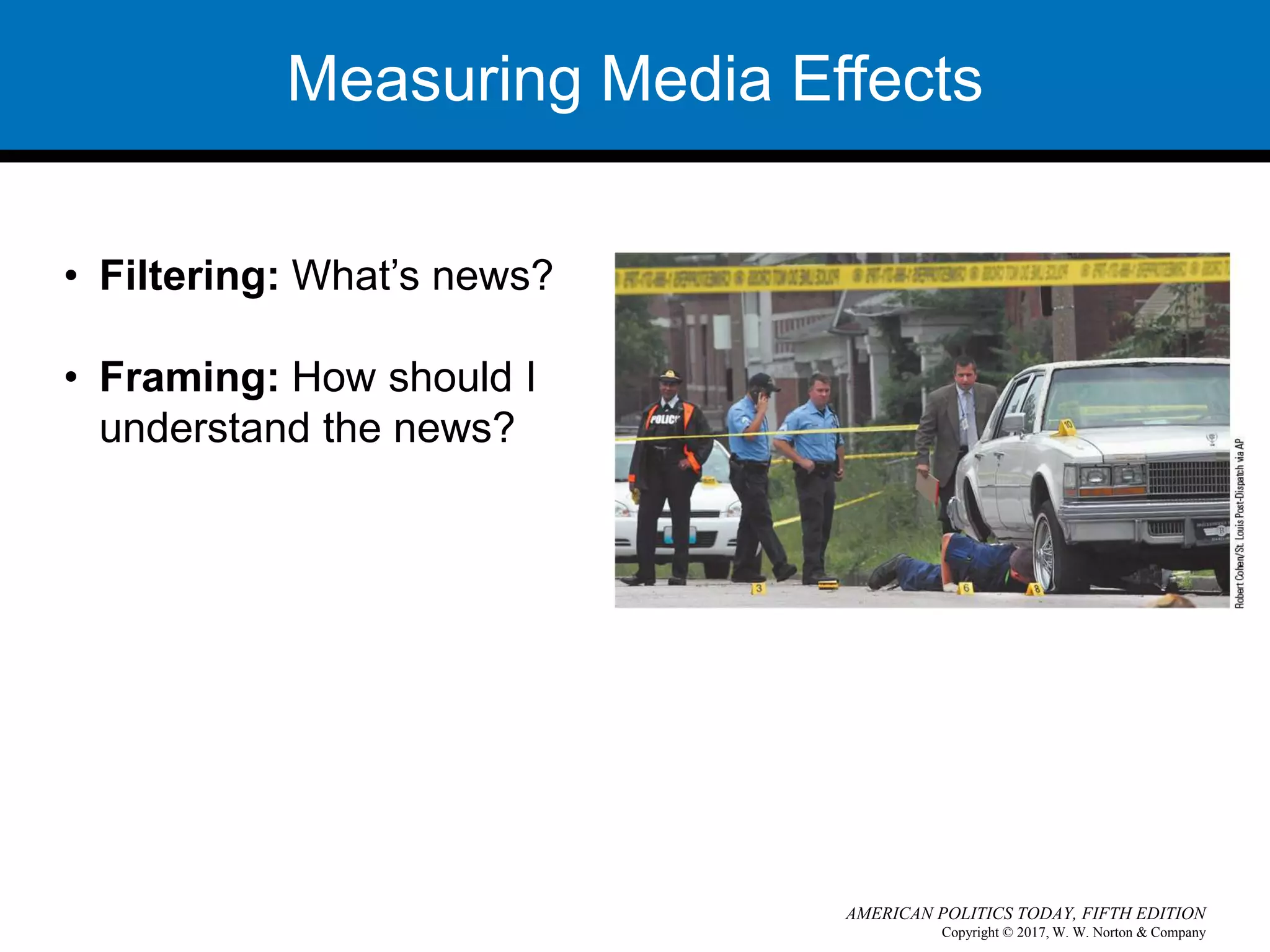 Copyright © 2017, W. W. Norton & Company
AMERICAN POLITICS TODAY, FIFTH EDITION
Measuring Media Effects
• Filtering: What’s news?
• Framing: How should I
understand the news?
 