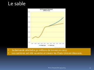 57
• la demande attelndra 50 millions de tonnes en 2017
• 100 carrières ont été ouvertes à travers les États-Unis en deux ans.
Le sable
Ph.LC Amponville 25/04/2014
 