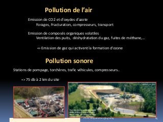 Emission de CO2 et d’oxydes d’azote
Forages, Fracturation, compresseurs, transport
Emission de composés organiques volatiles
Ventilation des puits, déshydratation du gaz, fuites de méthane,…
=> Emission de gaz qui activent la formation d’ozone
Pollution de l’air
Pollution sonore
Stations de pompage, torchères, trafic véhicules, compresseurs..
=> 75 db à 2 km du site
65Ph.LC Amponville 25/04/2014
 