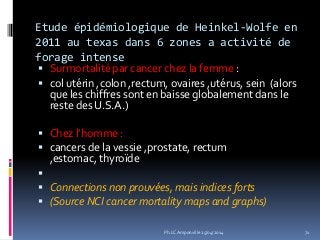 Etude épidémiologique de Heinkel-Wolfe en
2011 au texas dans 6 zones a activité de
forage intense
 Surmortalité par cancer chez la femme :
 col utérin ,colon ,rectum, ovaires ,utérus, sein (alors
que les chiffres sont en baisse globalement dans le
reste des U.S.A.)
 Chez l’homme :
 cancers de la vessie ,prostate, rectum
,estomac, thyroïde

 Connections non prouvées, mais indices forts
 (Source NCI cancer mortality maps and graphs)
71Ph.LC Amponville 25/04/2014
 