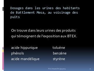 Dosages dans les urines des habitants
de Battlement Mesa, au voisinage des
puits
On trouve dans leurs urines des produits
qui témoignent de l’exposition aux BTEX.
acide hippurique toluène
phénols benzène
acide mandélique styrène
72Ph.LC Amponville 25/04/2014
 