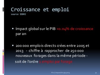 Croissance et emploi
source IDDRI
 Impact global sur le PIB +0.04% de croissance
par an
 200 000 emplois directs crées entre 2005 et
2013 - chiffre à rapprocher de 250 000
nouveaux forages dans la même période -
soit de l’ordre 1 emploi par forage
91Ph.LC Amponville 25/04/2014
 