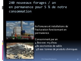 240 nouveaux forages / an
en permanence pour 5 % de notre
consommation
98
60 foreuses et installations de
fracturation fonctionnant en
permanence
Consomment par an
4 800 000 m3 d’eau
480 000 tonnes de sable
48 000 tonnes de produits chimiques
Ph.LC Amponville 25/04/2014
 
