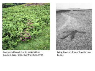 Lying down on dry earth while rain beginsFoxgloves threaded onto stalks laid on bracken, Scaur Glen, Dumfriesshire, 1997