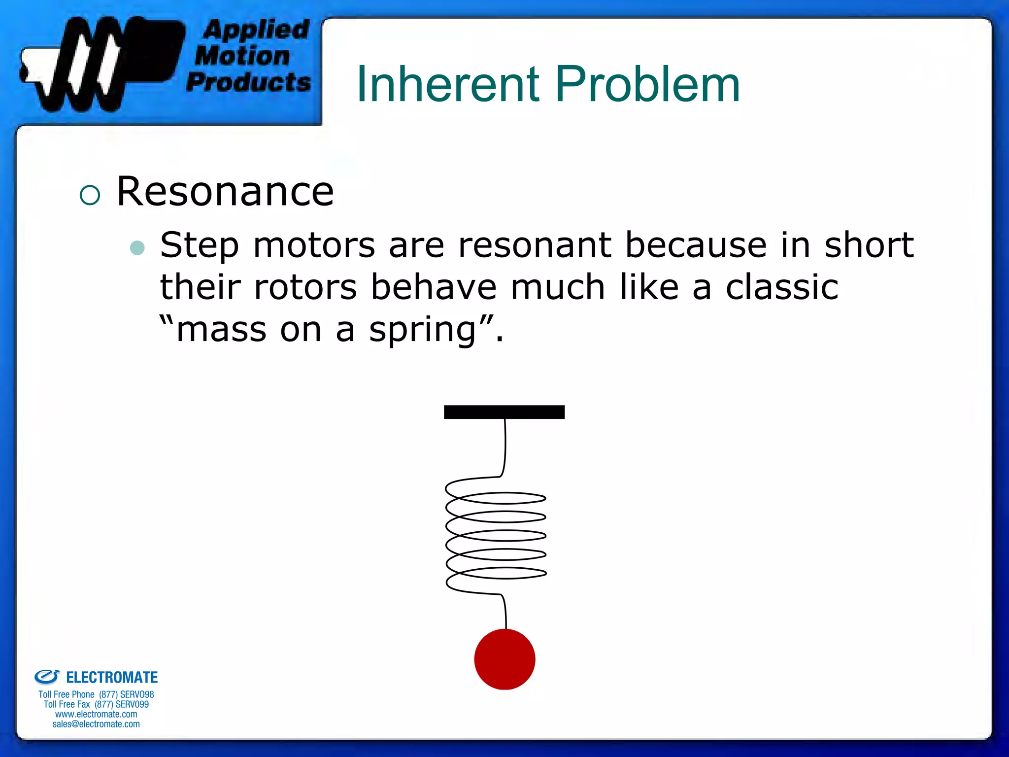 Inherent Problem

                                 Resonance
                                              Step motors are resonant because in short
                                              their rotors behave much like a classic
                                              “mass on a spring”.




old & Serviced By:


                     ELECTROMATE
              Toll Free Phone (877) SERVO98
               Toll Free Fax (877) SERV099
                    www.electromate.com
                   sales@electromate.com
 