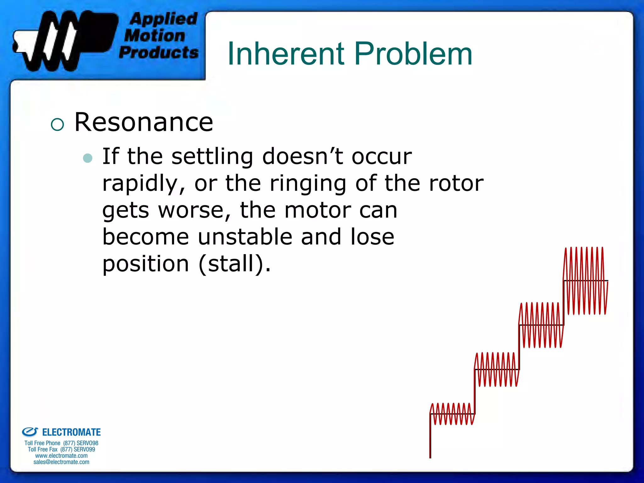 Inherent Problem

                                 Resonance
                                              If the settling doesn’t occur
                                              rapidly, or the ringing of the rotor
                                              gets worse, the motor can
                                              become unstable and lose
                                              position (stall).




old & Serviced By:


                     ELECTROMATE
              Toll Free Phone (877) SERVO98
               Toll Free Fax (877) SERV099
                    www.electromate.com
                   sales@electromate.com
 