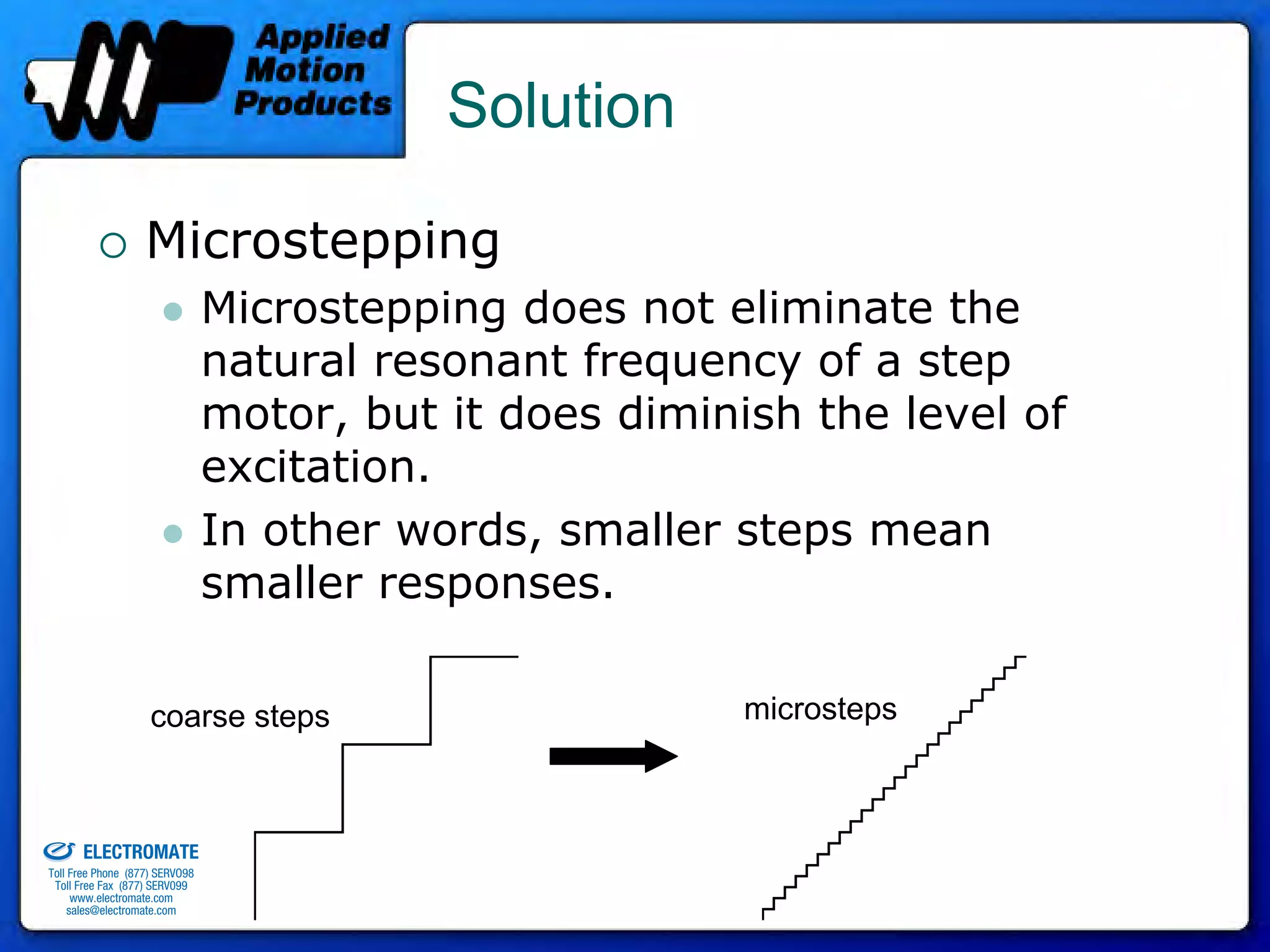 Solution

                                 Microstepping
                                              Microstepping does not eliminate the
                                              natural resonant frequency of a step
                                              motor, but it does diminish the level of
                                              excitation.
                                              In other words, smaller steps mean
                                              smaller responses.

                                  coarse steps                         microsteps


old & Serviced By:


                     ELECTROMATE
              Toll Free Phone (877) SERVO98
               Toll Free Fax (877) SERV099
                    www.electromate.com
                   sales@electromate.com
 