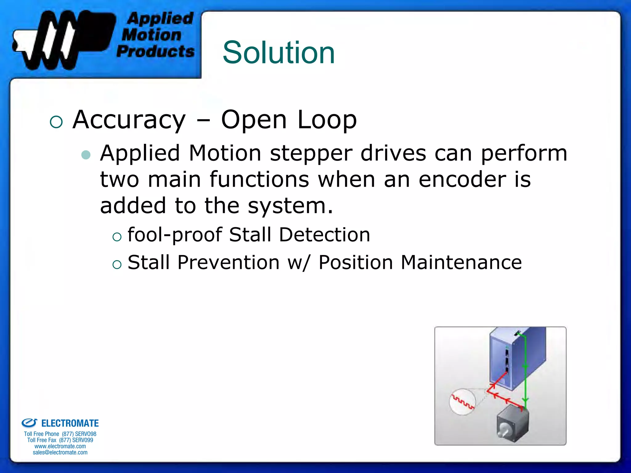 Solution

                                 Accuracy – Open Loop
                                              Applied Motion stepper drives can perform
                                              two main functions when an encoder is
                                              added to the system.
                                                fool-proof Stall Detection
                                                Stall Prevention w/ Position Maintenance




old & Serviced By:


                     ELECTROMATE
              Toll Free Phone (877) SERVO98
               Toll Free Fax (877) SERV099
                    www.electromate.com
                   sales@electromate.com
 
