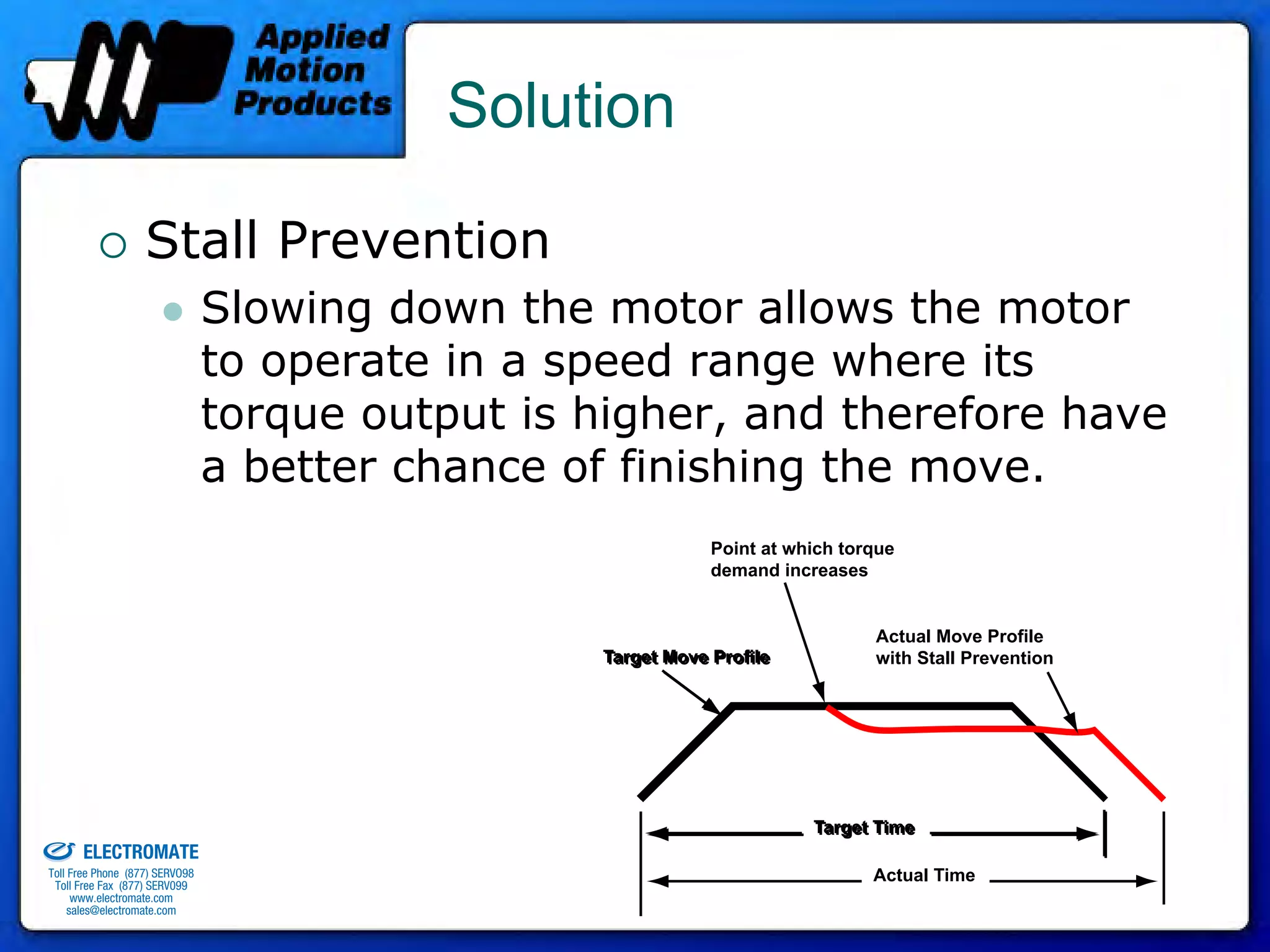 Solution

                                 Stall Prevention
                                              Slowing down the motor allows the motor
                                              to operate in a speed range where its
                                              torque output is higher, and therefore have
                                              a better chance of finishing the move.
                                                                           Point at which torque
                                                                           demand increases


                                                                                             Actual Move Profile
                                                               Target Move Profile           with Stall Prevention




old & Serviced By:
                                                                                      Target Time
                     ELECTROMATE
              Toll Free Phone (877) SERVO98                                                  Actual Time
               Toll Free Fax (877) SERV099
                    www.electromate.com
                   sales@electromate.com
 