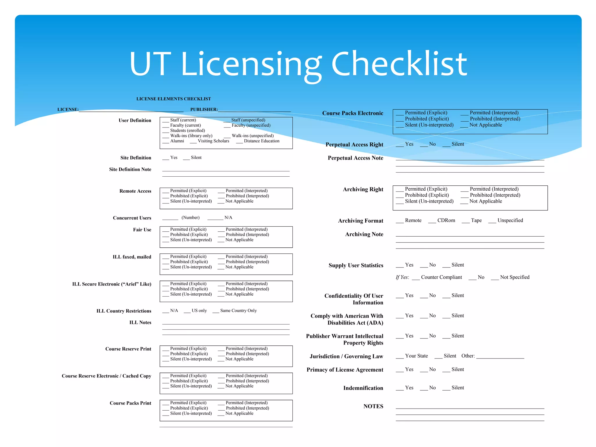 UT Licensing Checklist
LICENSE ELEMENTS CHECKLIST
LICENSE:______________________________________________ PUBLISHER:________________________________
User Definition ___ Staff (current) ___ Staff (unspecified)
___ Faculty (current) ___ Faculty (unspecified)
___ Students (enrolled)
___ Walk-ins (library only) ___ Walk-ins (unspecified)
___ Alumni ___ Visiting Scholars ___ Distance Education
Site Definition ___ Yes ___ Silent
Site Definition Note ________________________________________________________
________________________________________________________
Remote Access ___ Permitted (Explicit) ___ Permitted (Interpreted)
___ Prohibited (Explicit) ___ Prohibited (Interpreted)
___ Silent (Un-interpreted) ___ Not Applicable
Concurrent Users _______ (Number) _______ N/A
Fair Use ___ Permitted (Explicit) ___ Permitted (Interpreted)
___ Prohibited (Explicit) ___ Prohibited (Interpreted)
___ Silent (Un-interpreted) ___ Not Applicable
ILL faxed, mailed ___ Permitted (Explicit) ___ Permitted (Interpreted)
___ Prohibited (Explicit) ___ Prohibited (Interpreted)
___ Silent (Un-interpreted) ___ Not Applicable
ILL Secure Electronic (“Ariel” Like) ___ Permitted (Explicit) ___ Permitted (Interpreted)
___ Prohibited (Explicit) ___ Prohibited (Interpreted)
___ Silent (Un-interpreted) ___ Not Applicable
ILL Country Restrictions ___ N/A ___ US only ___ Same Country Only
ILL Notes ________________________________________________________
________________________________________________________
________________________________________________________
Course Reserve Print ___ Permitted (Explicit) ___ Permitted (Interpreted)
___ Prohibited (Explicit) ___ Prohibited (Interpreted)
___ Silent (Un-interpreted) ___ Not Applicable
Course Reserve Electronic / Cached Copy ___ Permitted (Explicit) ___ Permitted (Interpreted)
___ Prohibited (Explicit) ___ Prohibited (Interpreted)
___ Silent (Un-interpreted) ___ Not Applicable
Course Packs Print ___ Permitted (Explicit) ___ Permitted (Interpreted)
___ Prohibited (Explicit) ___ Prohibited (Interpreted)
___ Silent (Un-interpreted) ___ Not Applicable
Course Packs Electronic ___ Permitted (Explicit) ___ Permitted (Interpreted)
___ Prohibited (Explicit) ___ Prohibited (Interpreted)
___ Silent (Un-interpreted) ___ Not Applicable
Perpetual Access Right ___ Yes ___ No ___ Silent
Perpetual Access Note ________________________________________________________
________________________________________________________
________________________________________________________
Archiving Right ___ Permitted (Explicit) ___ Permitted (Interpreted)
___ Prohibited (Explicit) ___ Prohibited (Interpreted)
___ Silent (Un-interpreted) ___ Not Applicable
Archiving Format ___ Remote ___ CDRom ___ Tape ___ Unspecified
Archiving Note ________________________________________________________
________________________________________________________
________________________________________________________
Supply User Statistics ___ Yes ___ No ___ Silent
If Yes: ___ Counter Compliant ___ No ___ Not Specified
Confidentiality Of User
Information
___ Yes ___ No ___ Silent
Comply with American With
Disabilities Act (ADA)
___ Yes ___ No ___ Silent
Publisher Warrant Intellectual
Property Rights
___ Yes ___ No ___ Silent
Jurisdiction / Governing Law ___ Your State ___ Silent Other: __________________
Primacy of License Agreement ___ Yes ___ No ___ Silent
Indemnification ___ Yes ___ No ___ Silent
NOTES ________________________________________________________
________________________________________________________
________________________________________________________
 