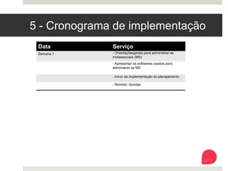 5 - Cronograma de implementação
Data 
 Serviço
Semana 1
 - Orientações gerais para administrar as
mídias sociais (MS)
- Apresentar os softwares usados para
administrar as MS
- Início da implementação do planejamento 
- Remoto: dúvidas 
 