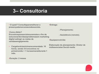 3 – Consultoria
•  O que é? Consulta para melhorar a presença
da marca nas redes sociais.
•  Como é feito? Encontros presenciais ou
remotos a fim de solucionar dúvidas e
problemas em marketing digital e atingir as
metas de vendas e engajamento.
•  Carga horária mínima recomendada: 10
horas, sendo 5-6 encontros no primeiro mês
+ 1 hora semanal durante 1 mês. 
•  Duração: 2 meses 
•  Entrega: 

- Planejamento;

- Assistência (remoto). 
•  Equipe envolvida: 
Elaboração de planejamento: Diretor de
mídias sociais e Social media 
 