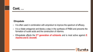 Cont. …
Ethopabate
› It is often used in combination with amprolium to improve the spectrum of efficacy.
› It is a folate antagonist and blocks a step in the synthesis of PABA and prevents the
formation of nuclei acids and the construction of vitamins.
› Ethopabate affects the 2nd generation of schizonts and is most active against E.
maxima and E. brunetti.
 