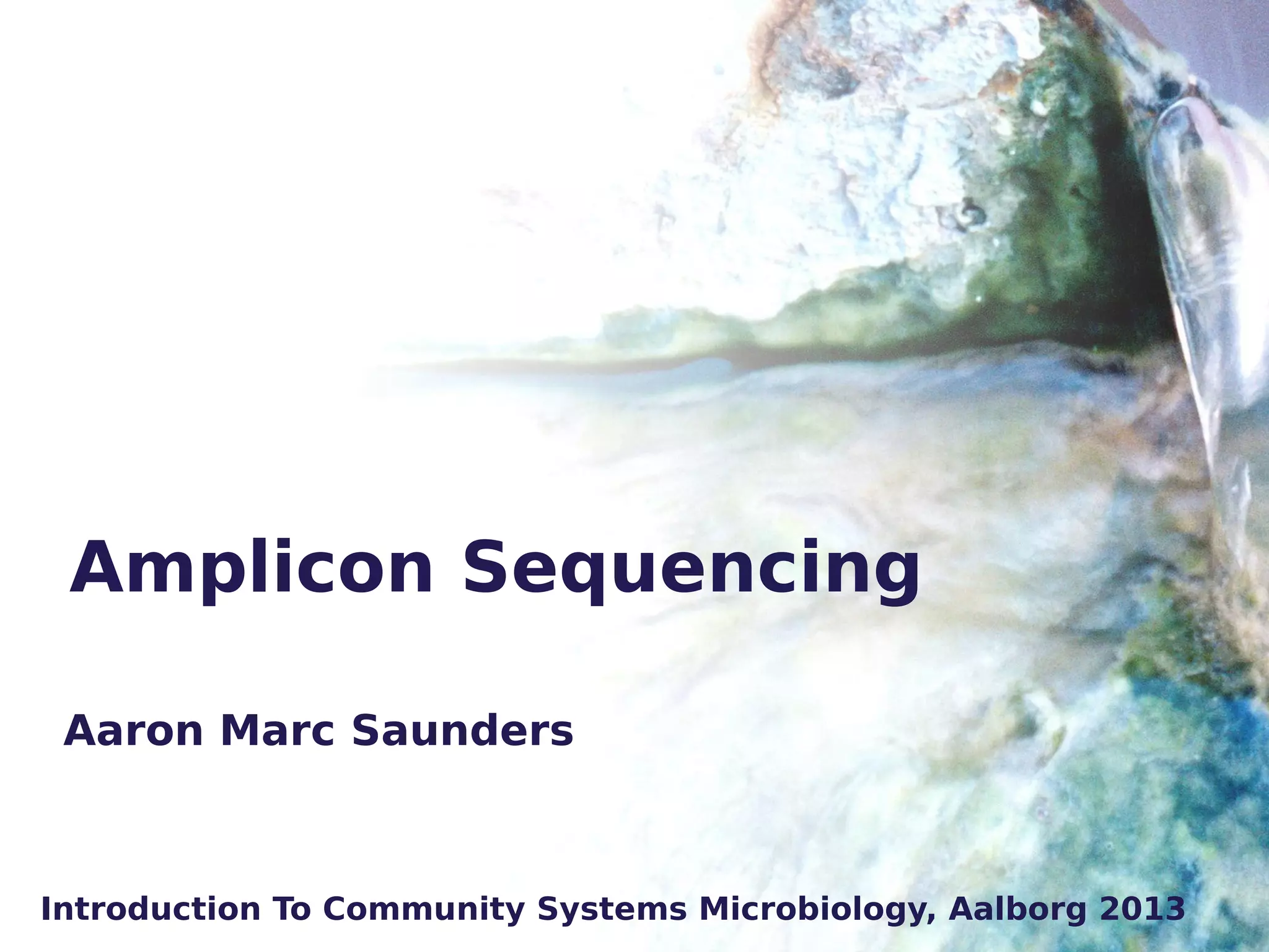 Amplicon Sequencing
Aaron Marc Saunders

Introduction To Community Systems Microbiology, Aalborg 2013
Introduction To Community Systems Microbiology, Aalborg 2013

 