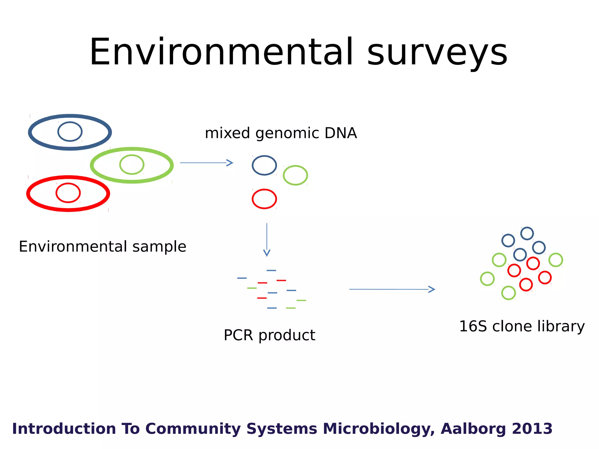 Environmental surveys
mixed genomic DNA

Environmental sample

PCR product

16S clone library

Introduction To Community Systems Microbiology, Aalborg 2013

 