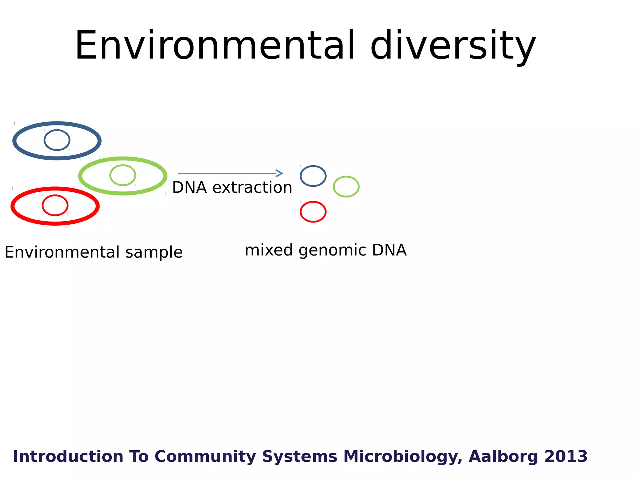 Environmental diversity

DNA extraction

Environmental sample

mixed genomic DNA

Introduction To Community Systems Microbiology, Aalborg 2013

 