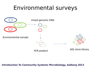 Environmental surveys
mixed genomic DNA

Environmental sample

PCR product

16S clone library

Introduction To Community S...