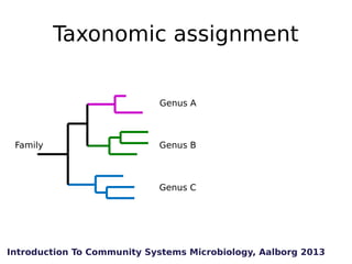 Taxonomic assignment
Genus A

Family

Genus B

Genus C

Introduction To Community Systems Microbiology, Aalborg 2013

 