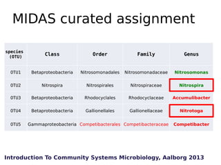MIDAS curated assignment
species
(OTU)

Class

Order

Family

Genus

OTU1

Betaproteobacteria

Nitrosomonadales

Nitrosomo...